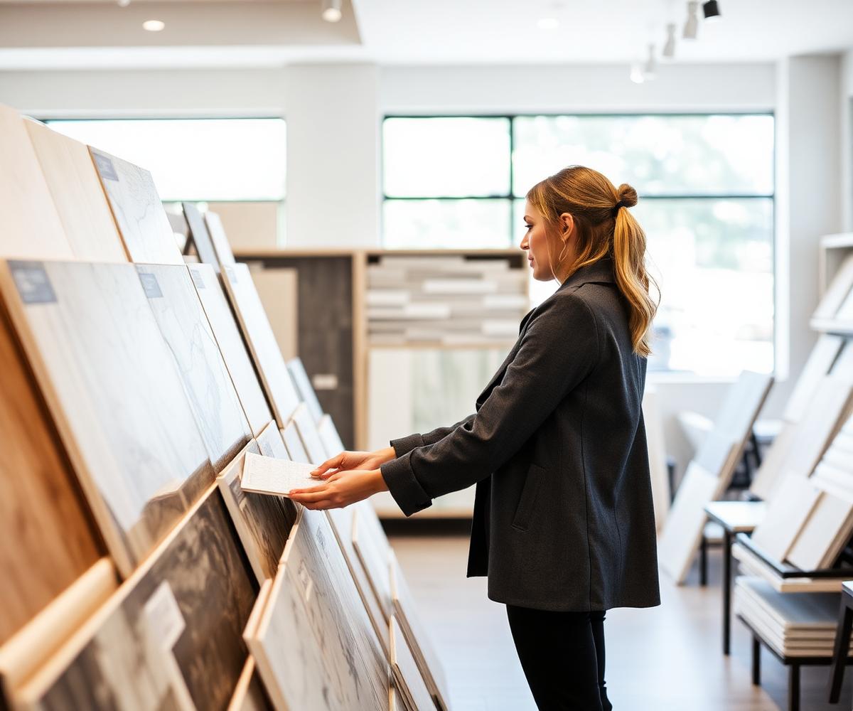Interior designer selecting premium tile samples in a bright showroom