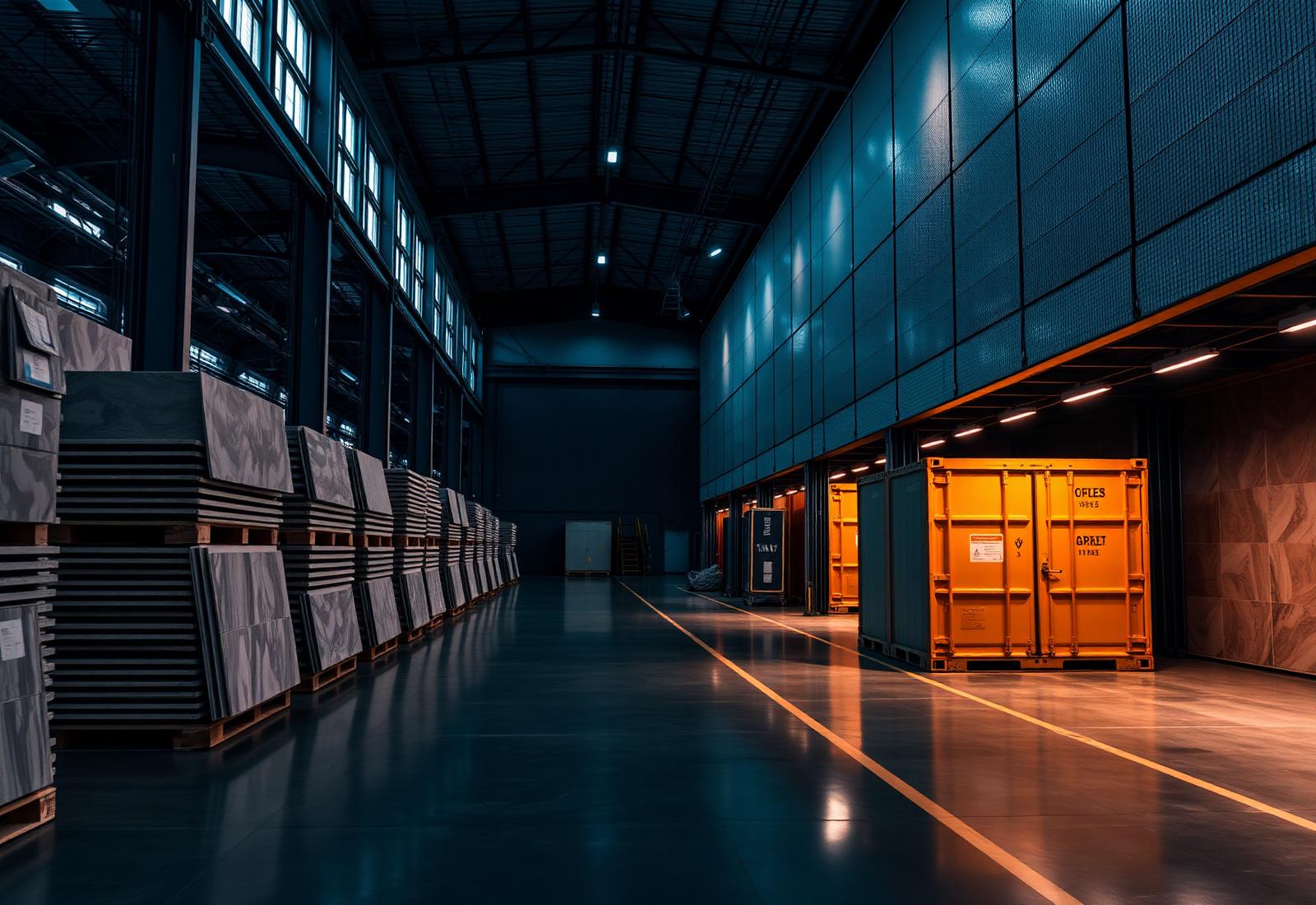 Tile manufacturing warehouse with pallets of tiles and shipping containers