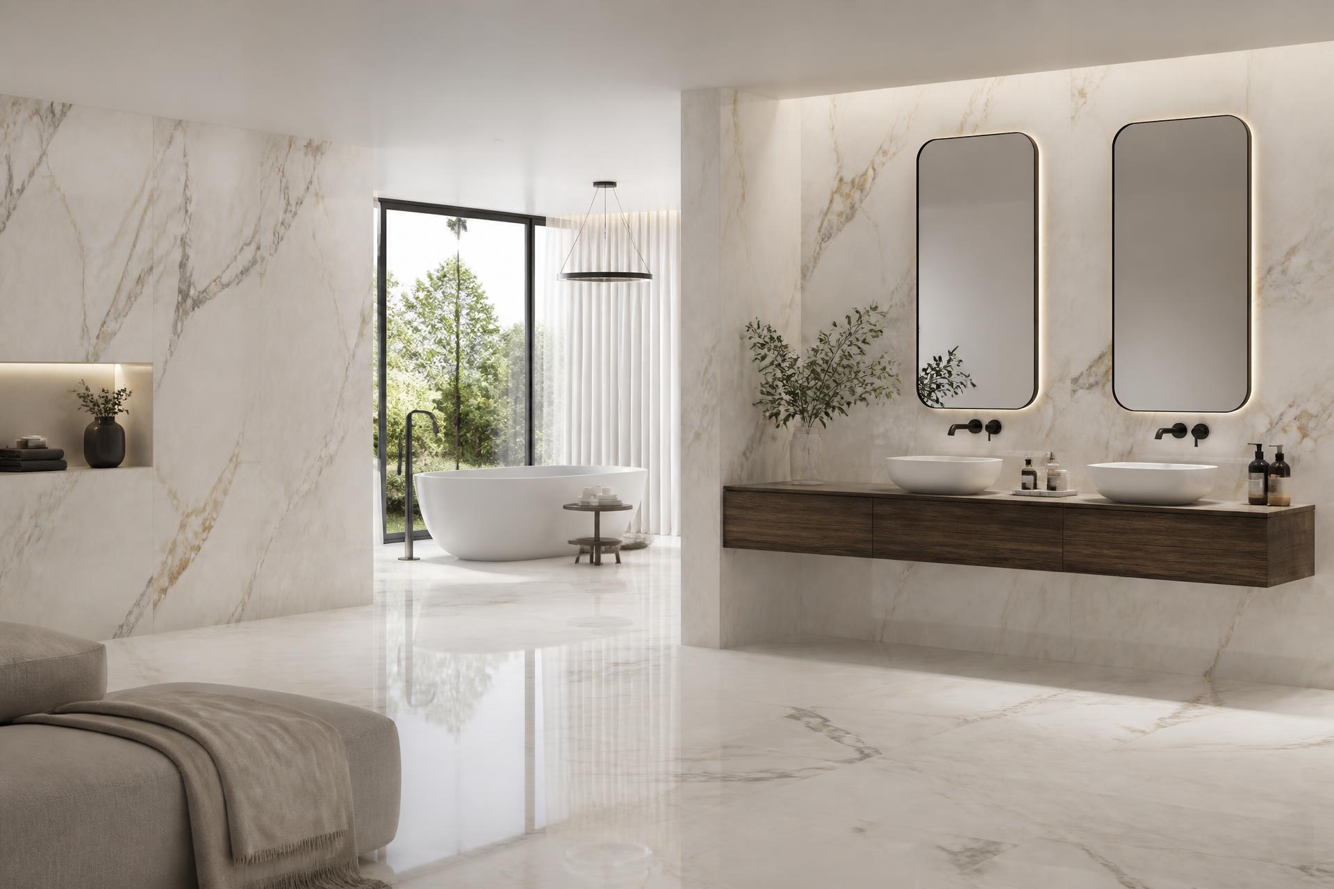 Luxury bathroom interior finished with large-format marble effect wall and floor tiles